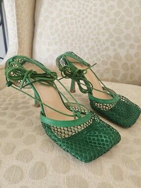 Women's Green Lace-Up Mesh Heels